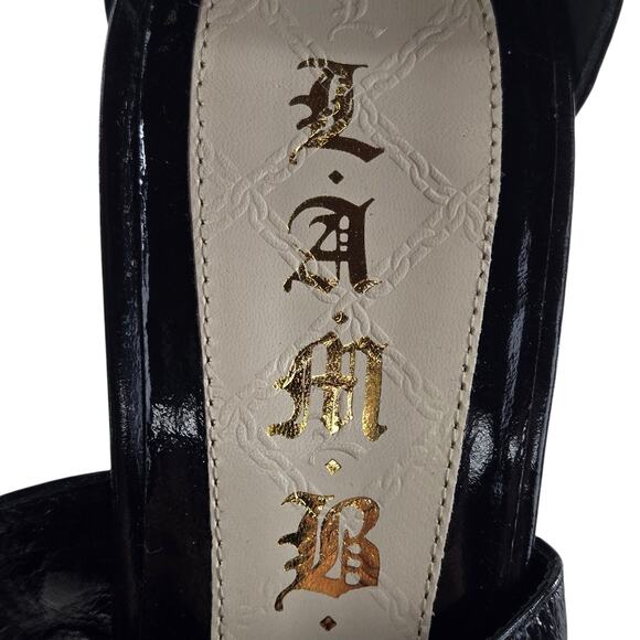 Vintage LAMB Heels Womens 9.5 Gwen Stefani Black Patent Leather Y2K Gold Tone - Picture 10 of 11